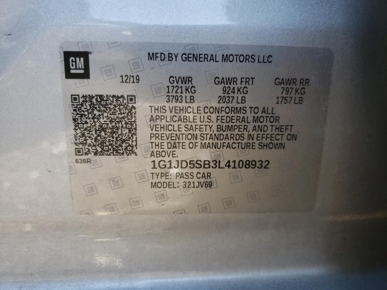 Photo 10 from auction – 2020 CHEVROLET SONIC LT with VIN 1G1JD5SB3L4108932