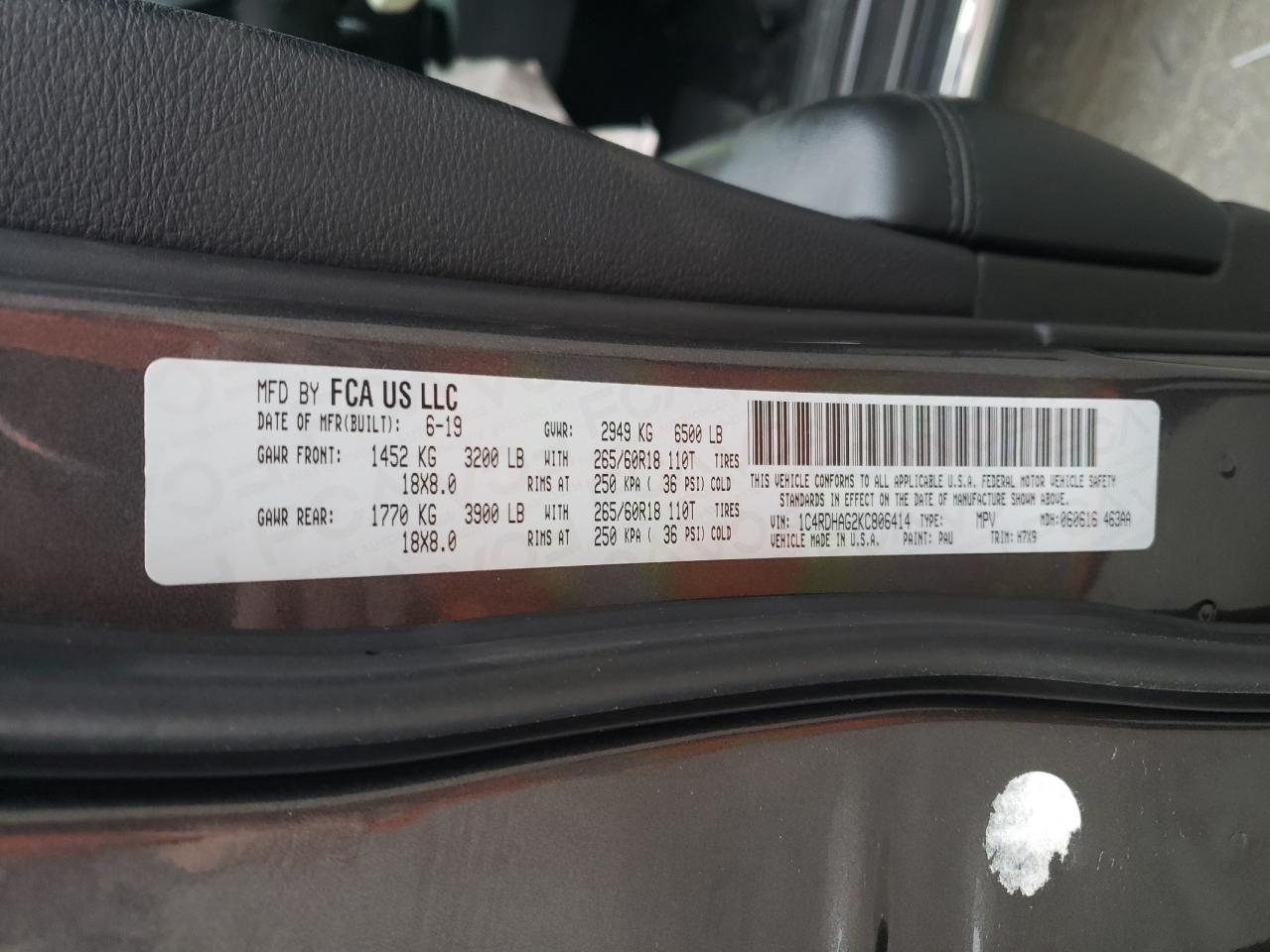 Photo 10 from auction – 2019 DODGE DURANGO SX with VIN 1C4RDHAG2KC806414