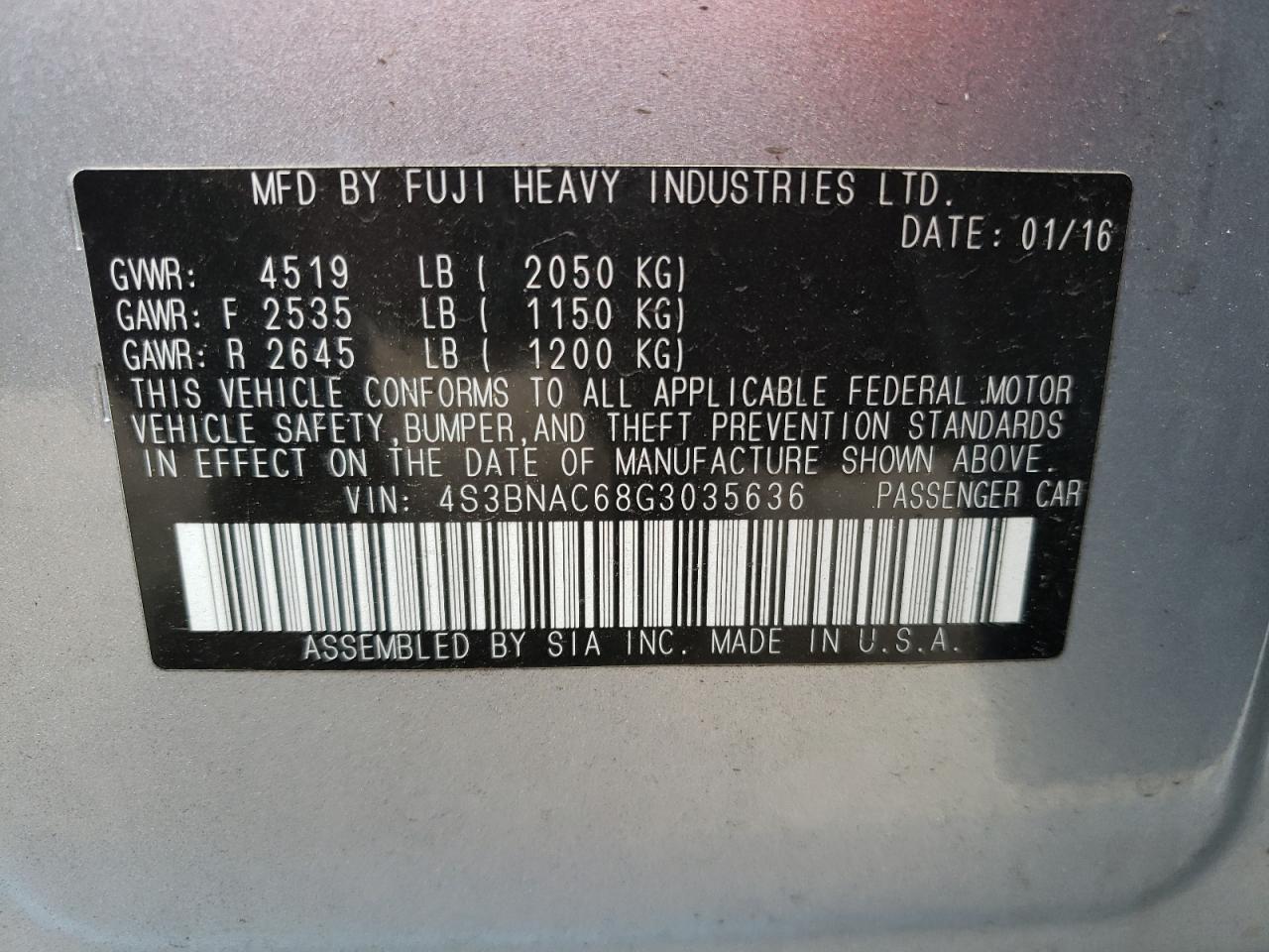 Photo 10 from auction – 2016 SUBARU LEGACY 2.5 with VIN 4S3BNAC68G3035636