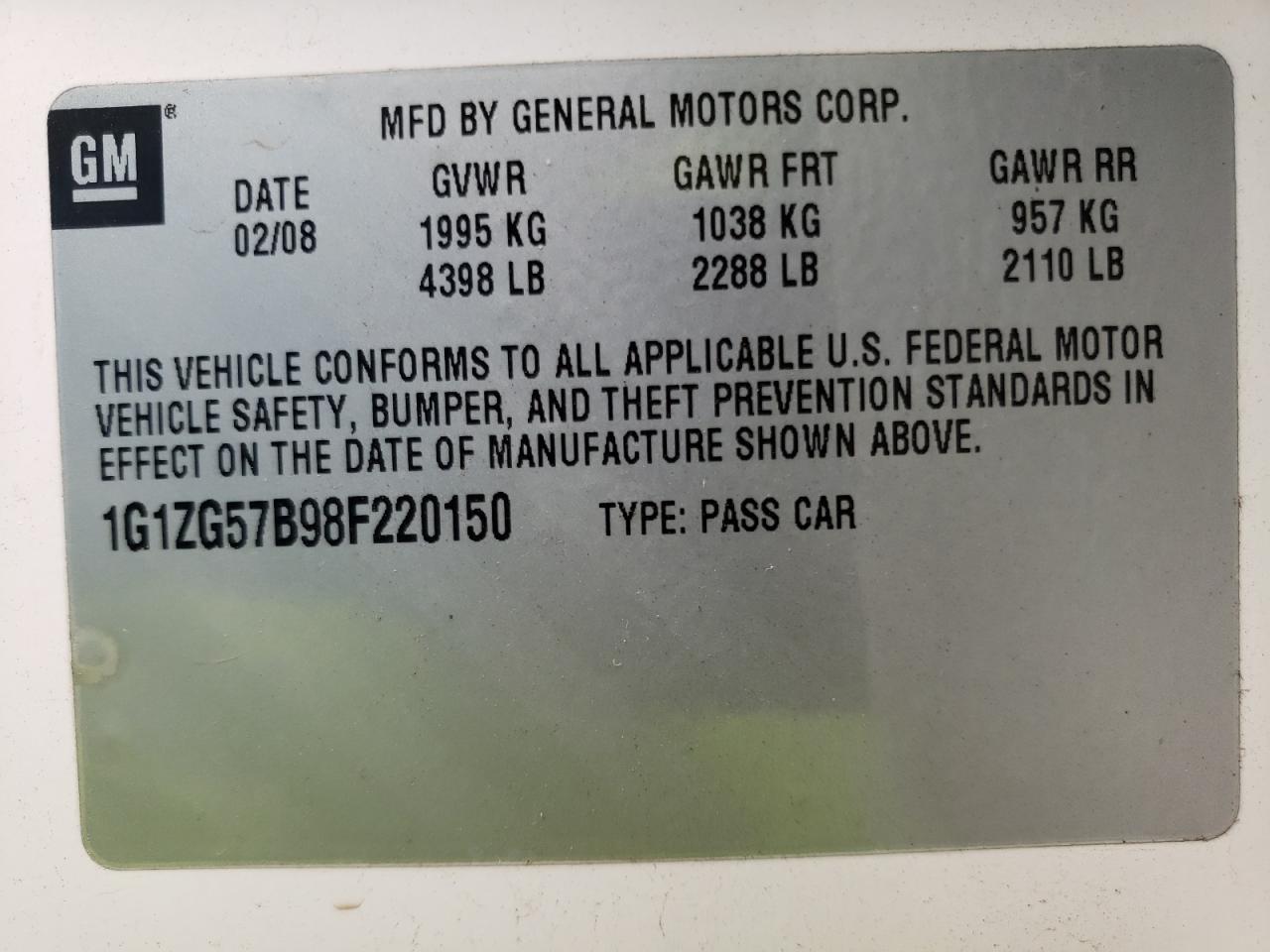 Photo 10 from auction – 2008 CHEVROLET MALIBU LS with VIN 1G1ZG57B98F220150