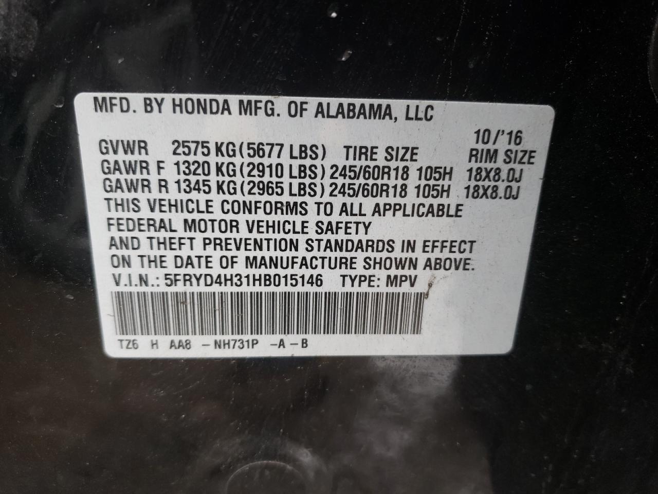 Photo 10 from auction – 2017 ACURA MDX with VIN 5FRYD4H31HB015146