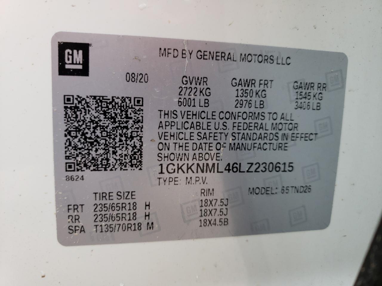 Photo 10 from auction – 2020 GMC ACADIA SLT with VIN 1GKKNML46LZ230615