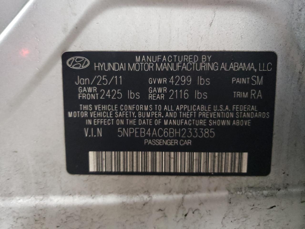 Photo 10 from auction – 2011 HYUNDAI SONATA GLS with VIN 5NPEB4AC6BH233385