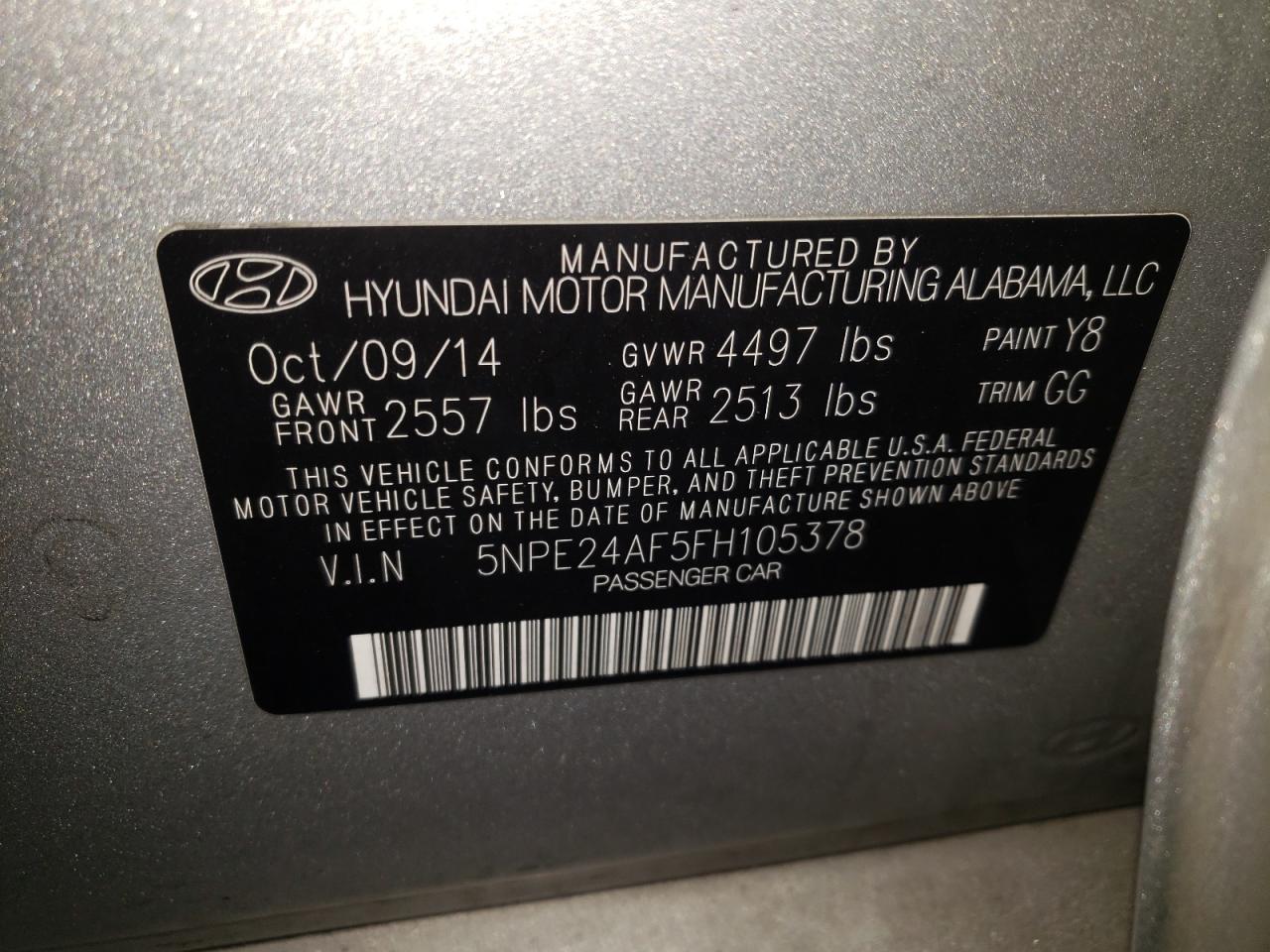 Photo 10 from auction – 2015 HYUNDAI SONATA SE with VIN 5NPE24AF5FH105378