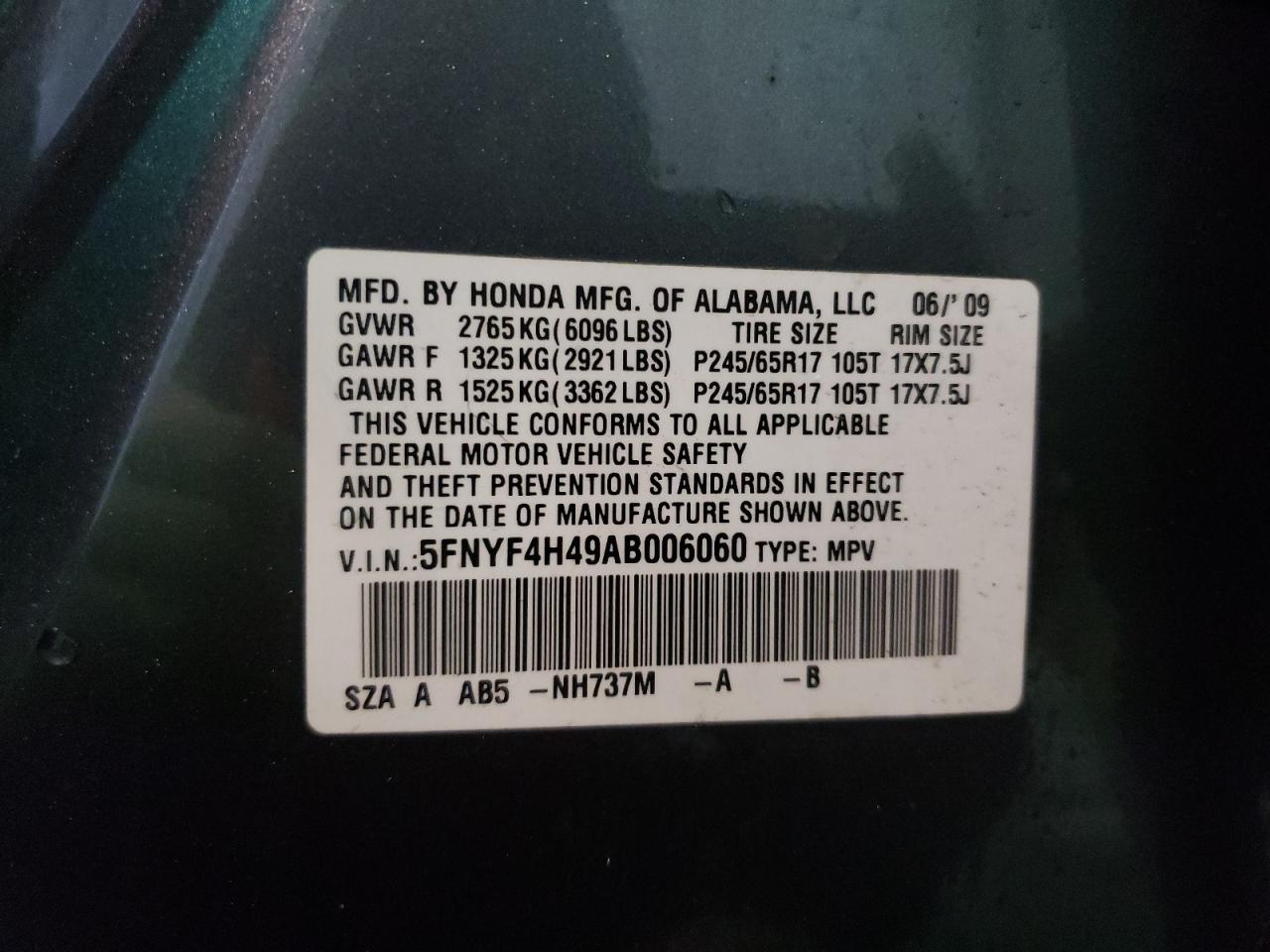 Photo 10 from auction – 2010 HONDA PILOT EX with VIN 5FNYF4H49AB006060