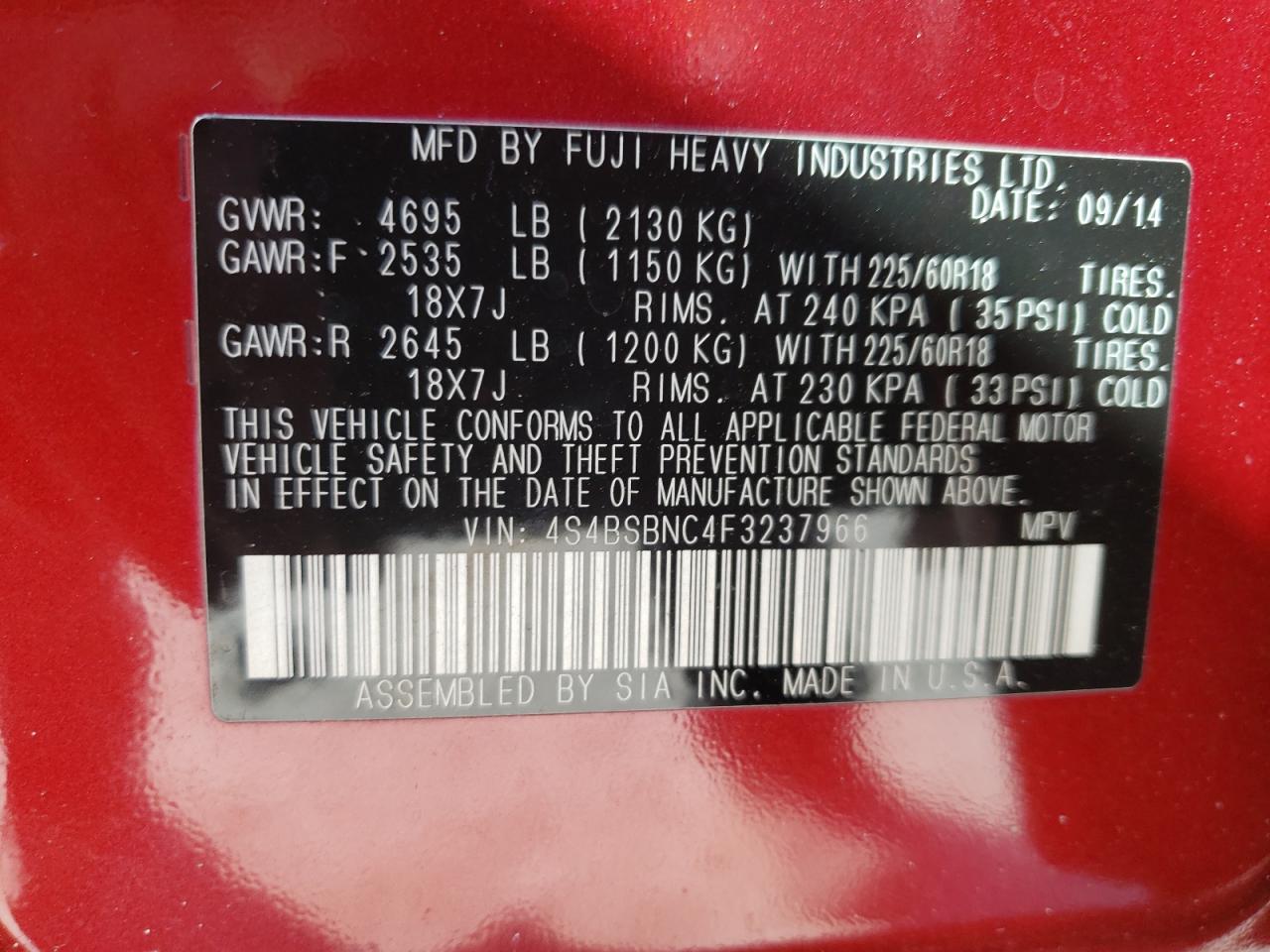 Photo 10 from auction – 2015 SUBARU OUTBACK 2. with VIN 4S4BSBNC4F3237966
