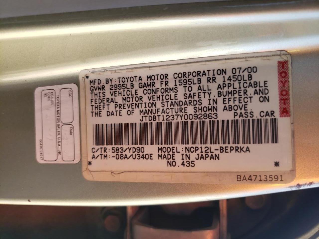 Photo 10 from auction – 2000 TOYOTA ECHO with VIN JTDBT1237Y0092863