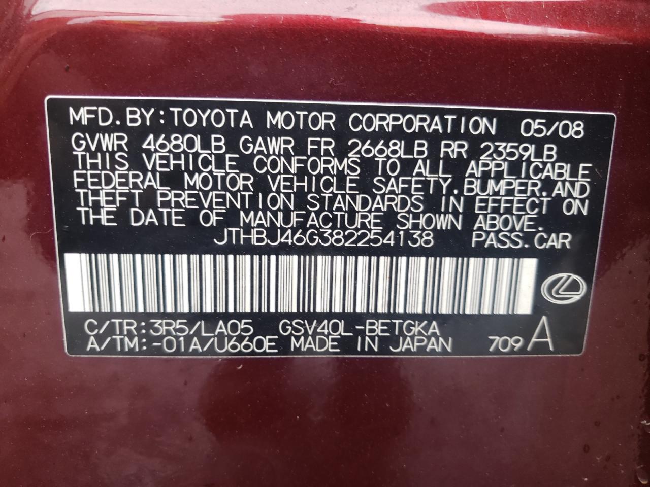 Photo 10 from auction – 2008 LEXUS ES 350 with VIN JTHBJ46G382254138