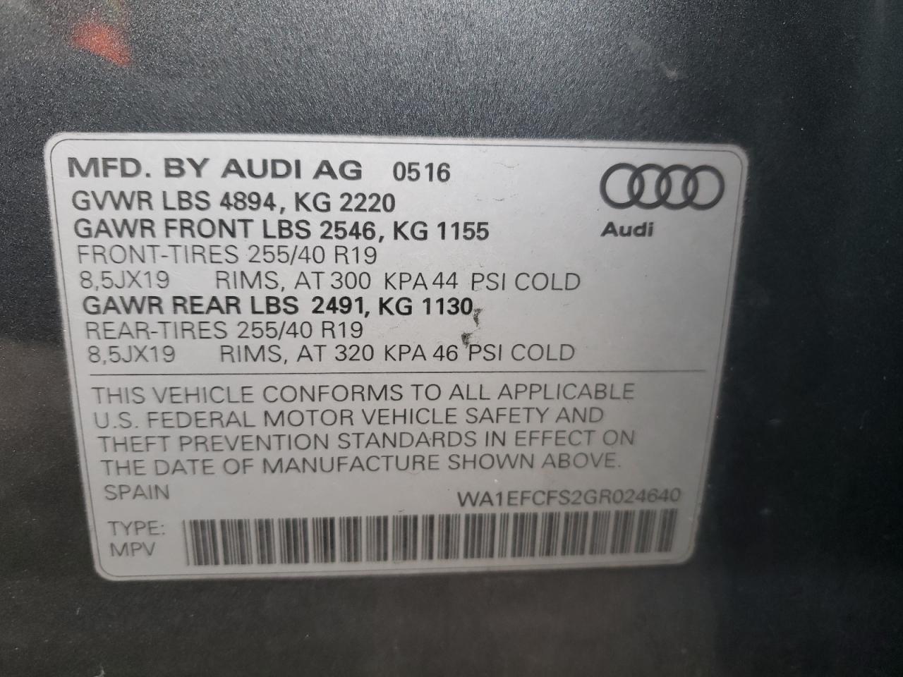 Photo 10 from auction – 2016 AUDI Q3 PREMIUM with VIN WA1EFCFS2GR024640