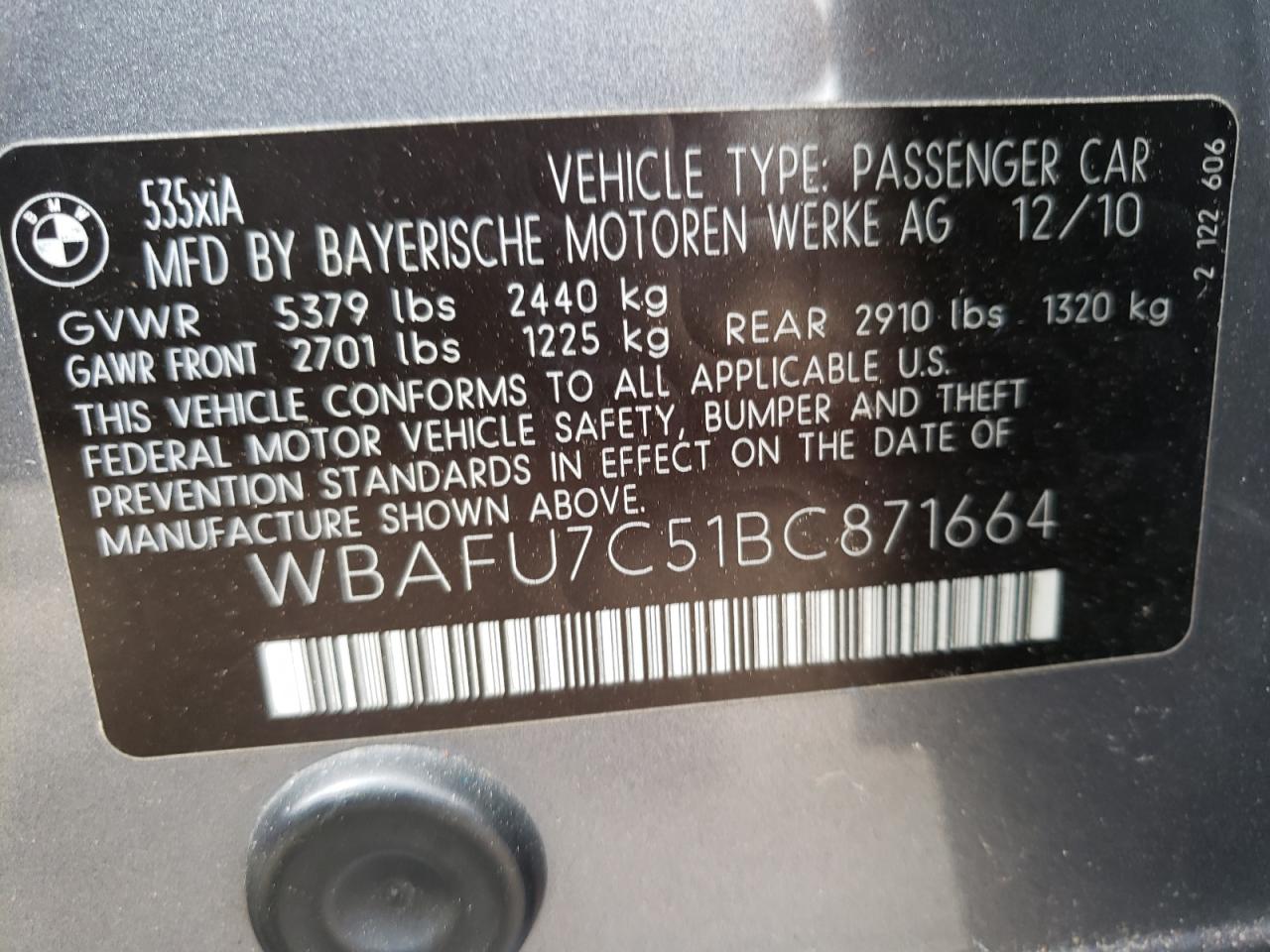 Photo 10 from auction – 2011 BMW 535 XI with VIN WBAFU7C51BC871664