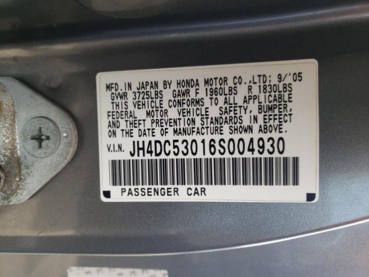 Photo 10 from auction – 2006 ACURA RSX TYPE-S with VIN JH4DC53016S004930