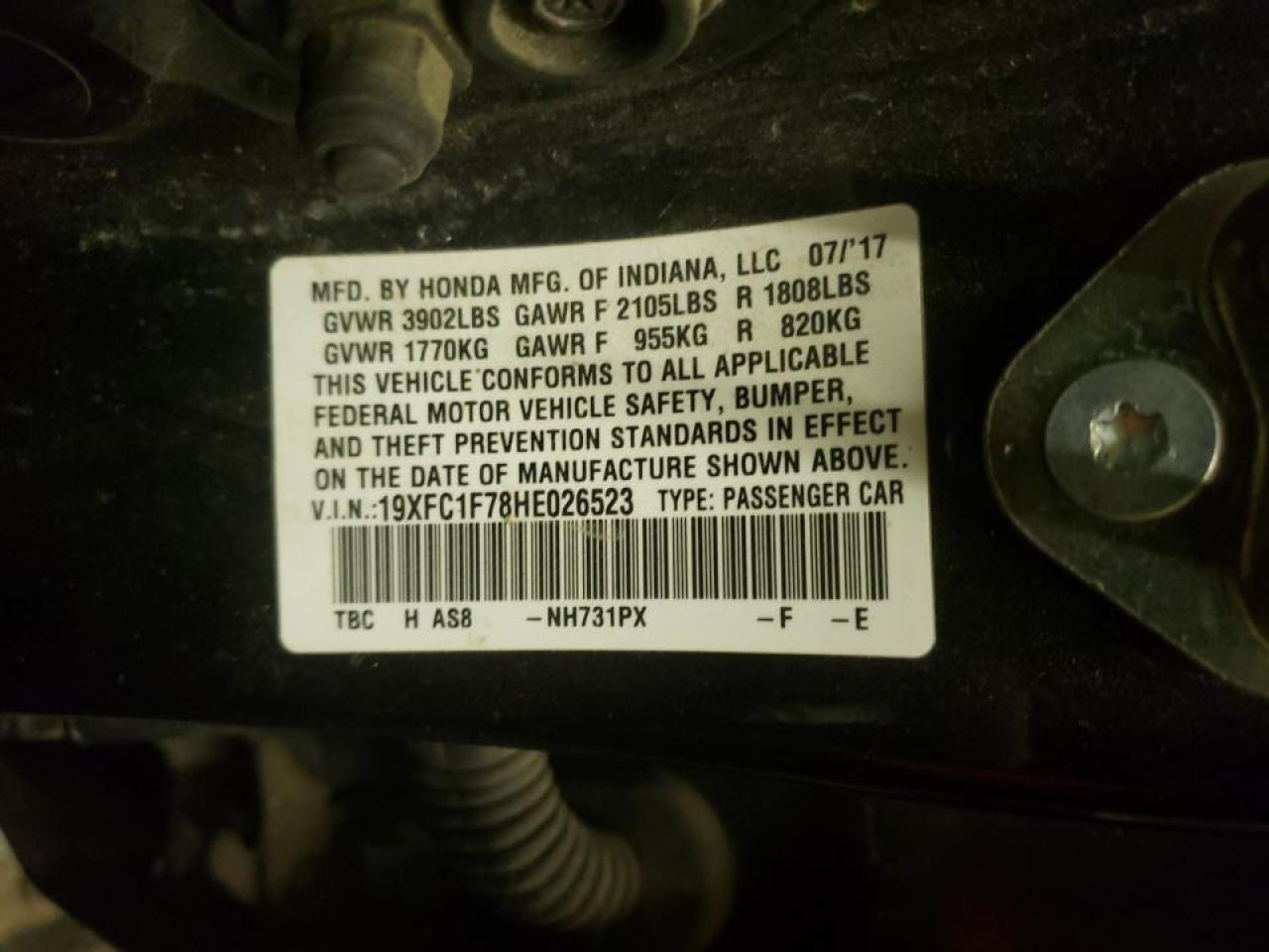Photo 10 from auction – 2017 HONDA CIVIC EXL with VIN 19XFC1F78HE026523