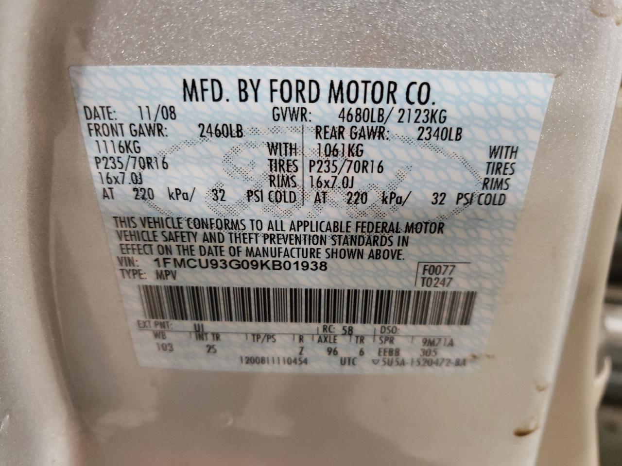 Photo 10 from auction – 2009 FORD ESCAPE XLT with VIN 1FMCU93G09KB01938