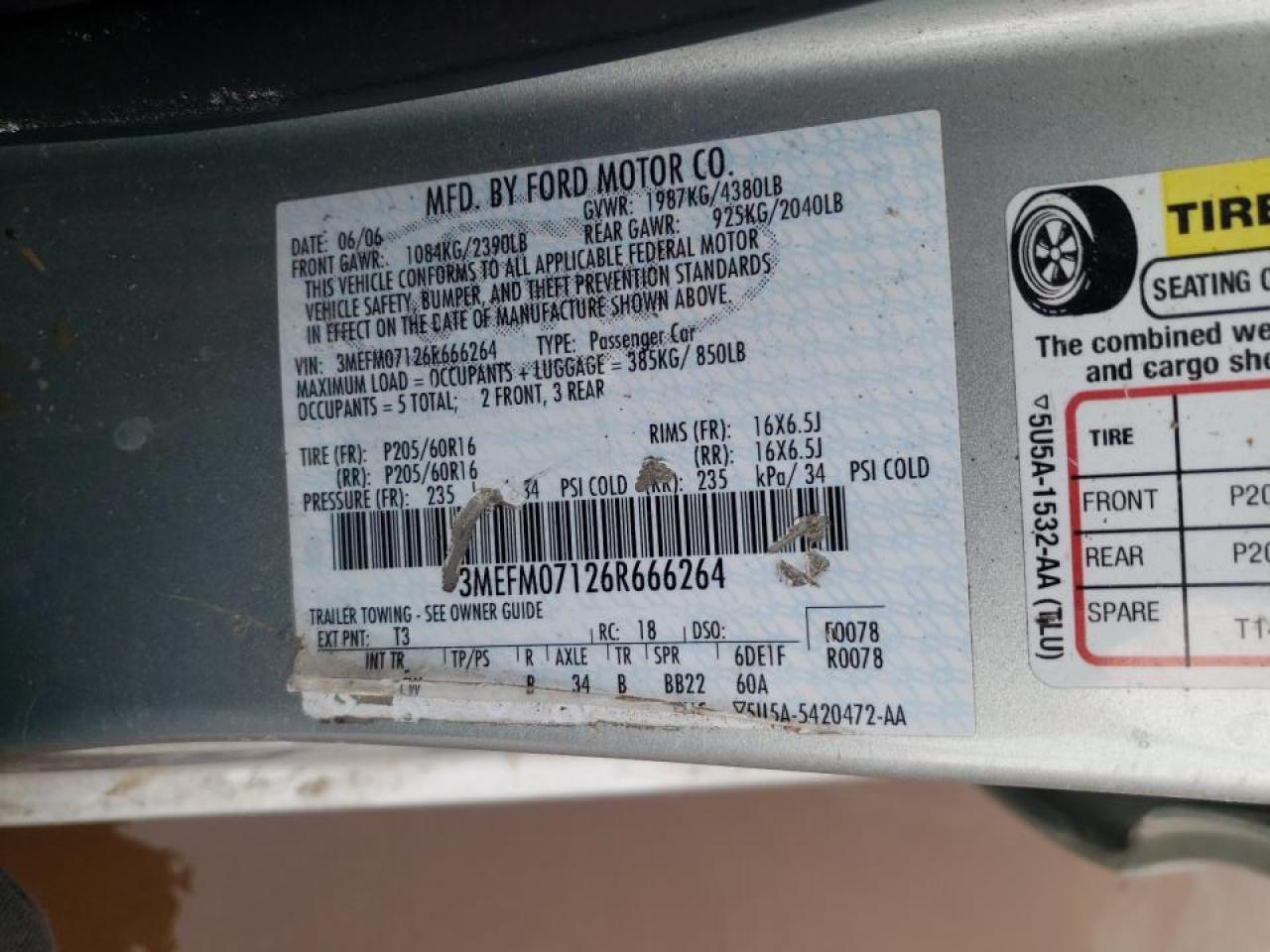 Photo 10 from auction – 2006 MERCURY MILAN with VIN 3MEFM07126R666264