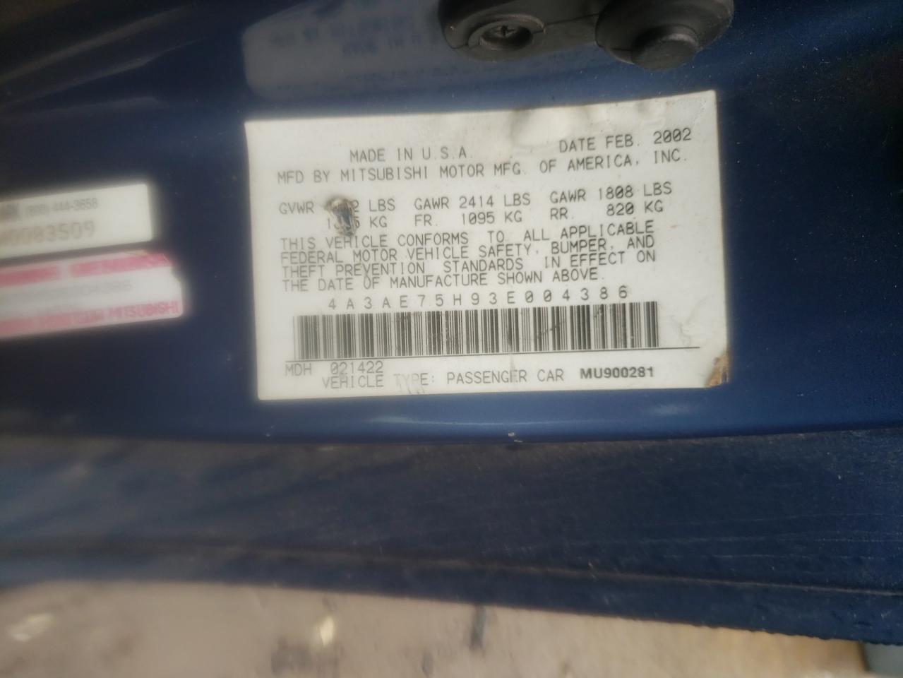 Photo 10 from auction – 2003 MITSUBISHI ECLIPSE SP with VIN 4A3AE75H93E004386