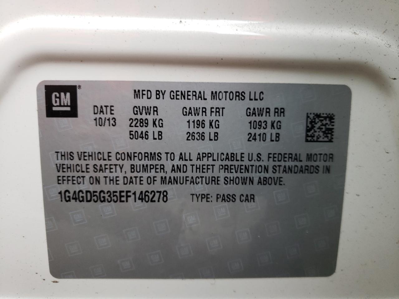 Photo 10 from auction – 2014 BUICK LACROSSE P with VIN 1G4GD5G35EF146278