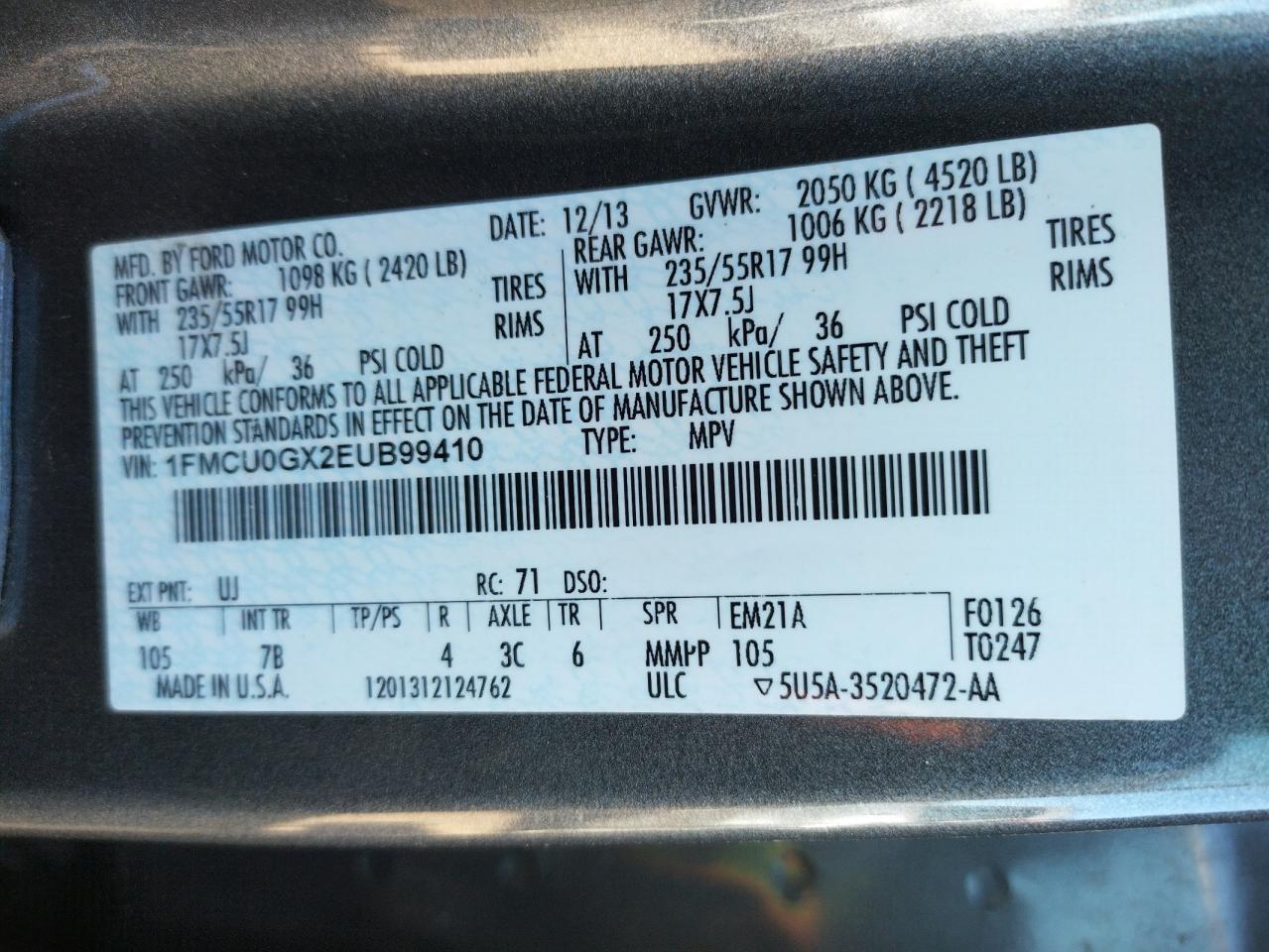 Photo 10 from auction – 2014 FORD ESCAPE SE with VIN 1FMCU0GX2EUB99410