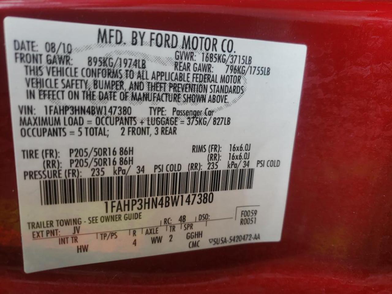 Photo 10 from auction – 2011 FORD FOCUS SEL with VIN 1FAHP3HN4BW147380