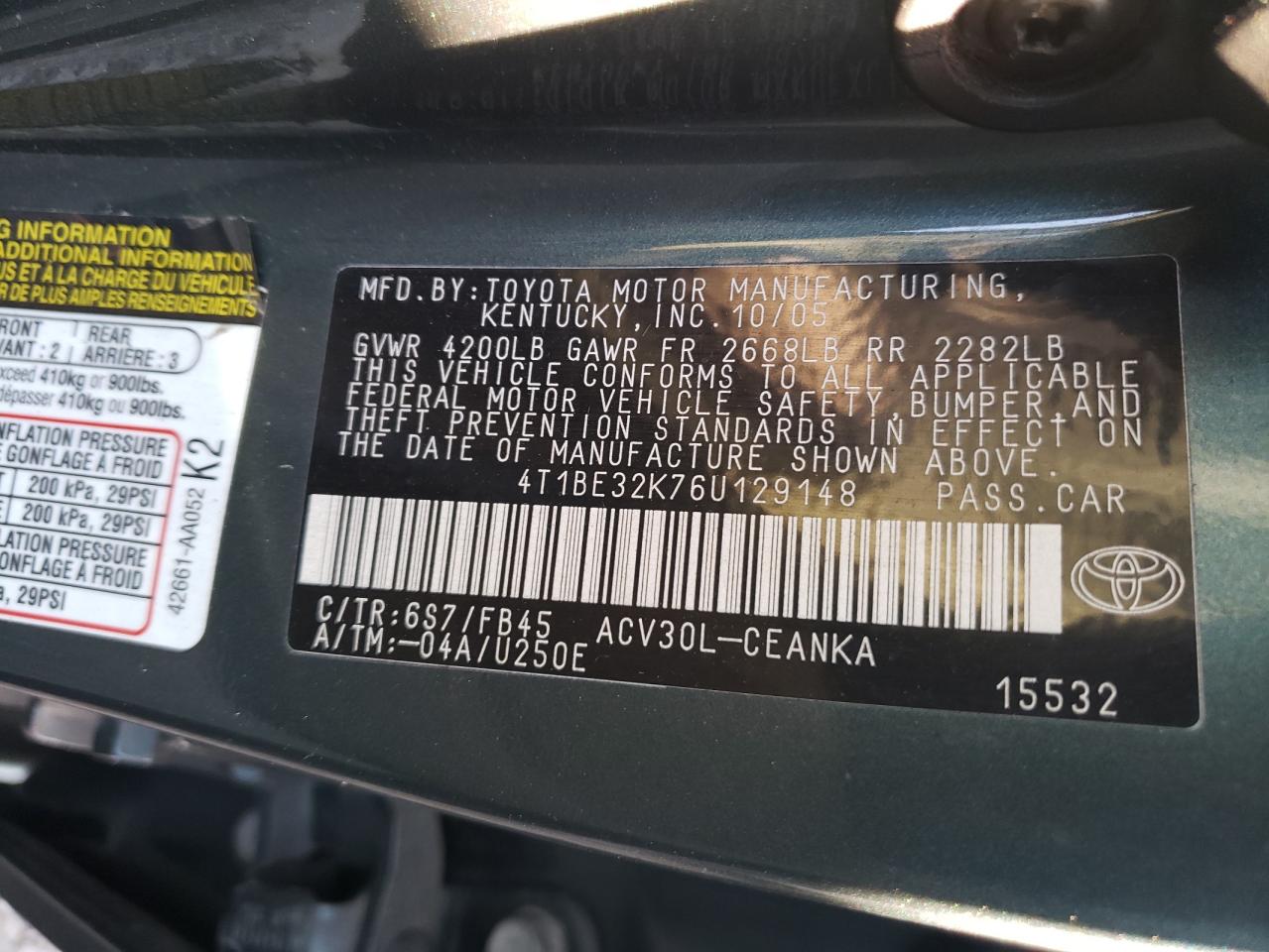 Photo 10 from auction – 2006 TOYOTA CAMRY LE with VIN 4T1BE32K76U129148