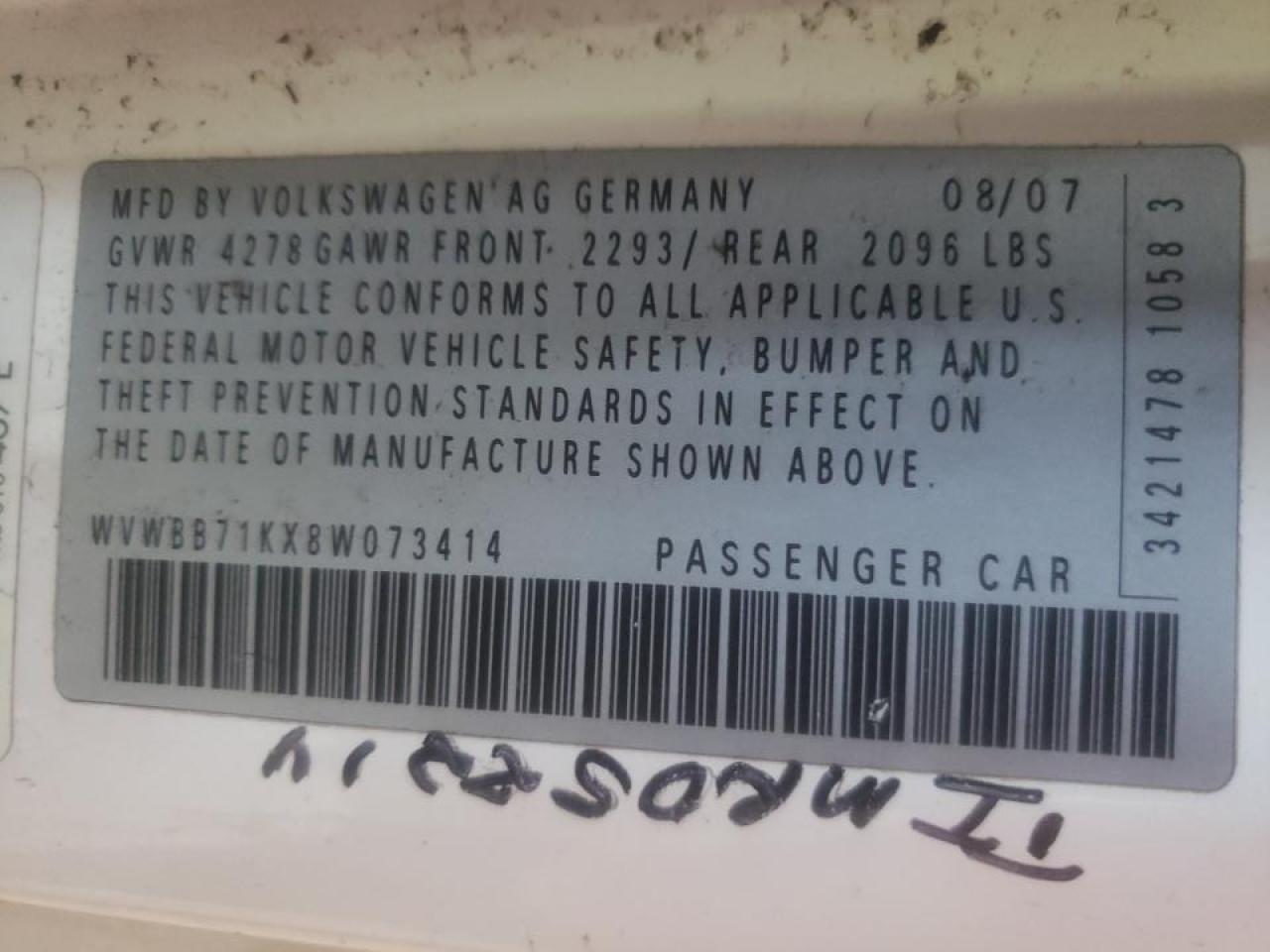 Photo 10 from auction – 2008 VOLKSWAGEN RABBIT with VIN WVWBB71KX8W073414