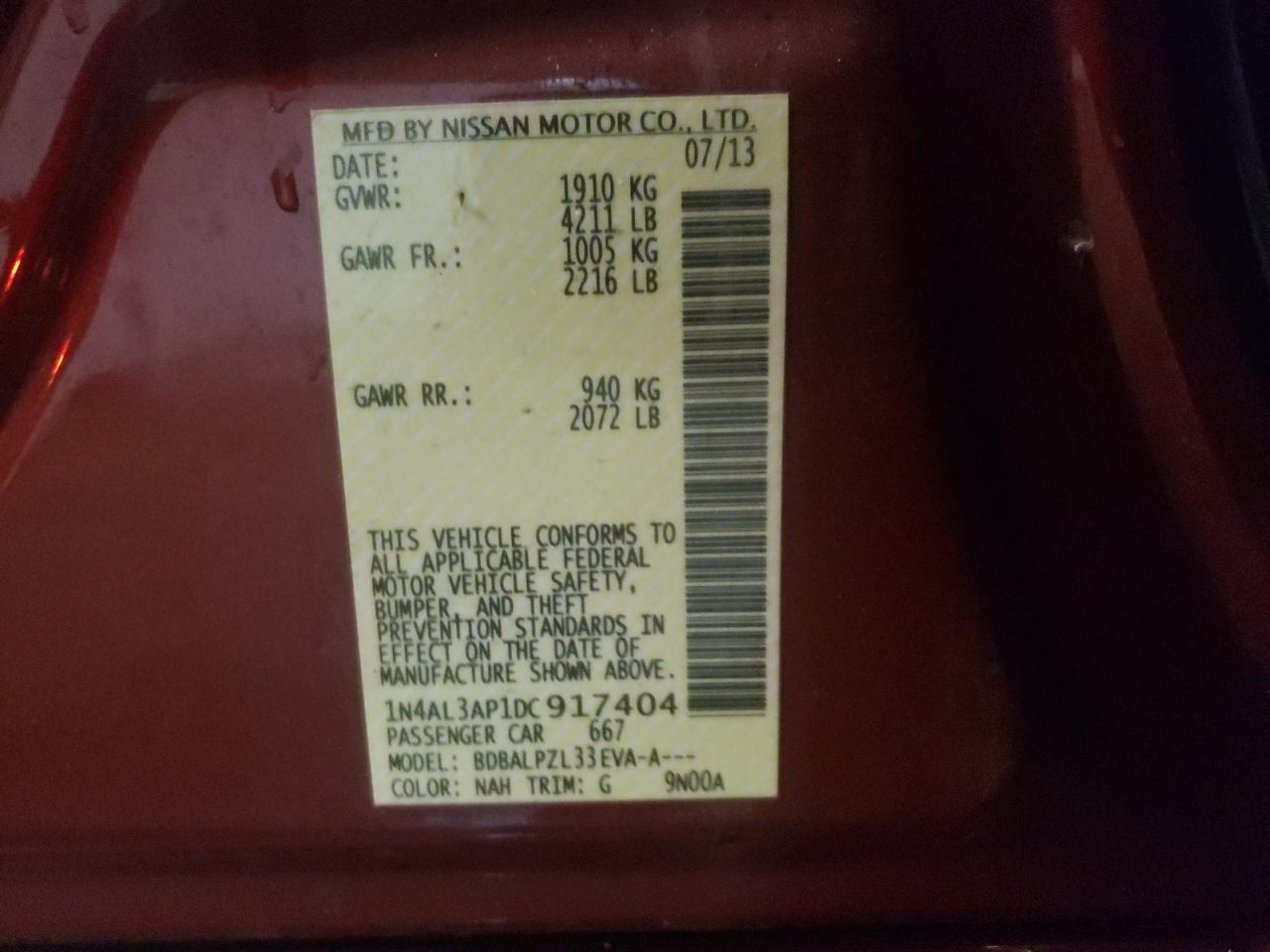 Photo 10 from auction – 2013 NISSAN ALTIMA with VIN 1N4AL3AP1DC917404