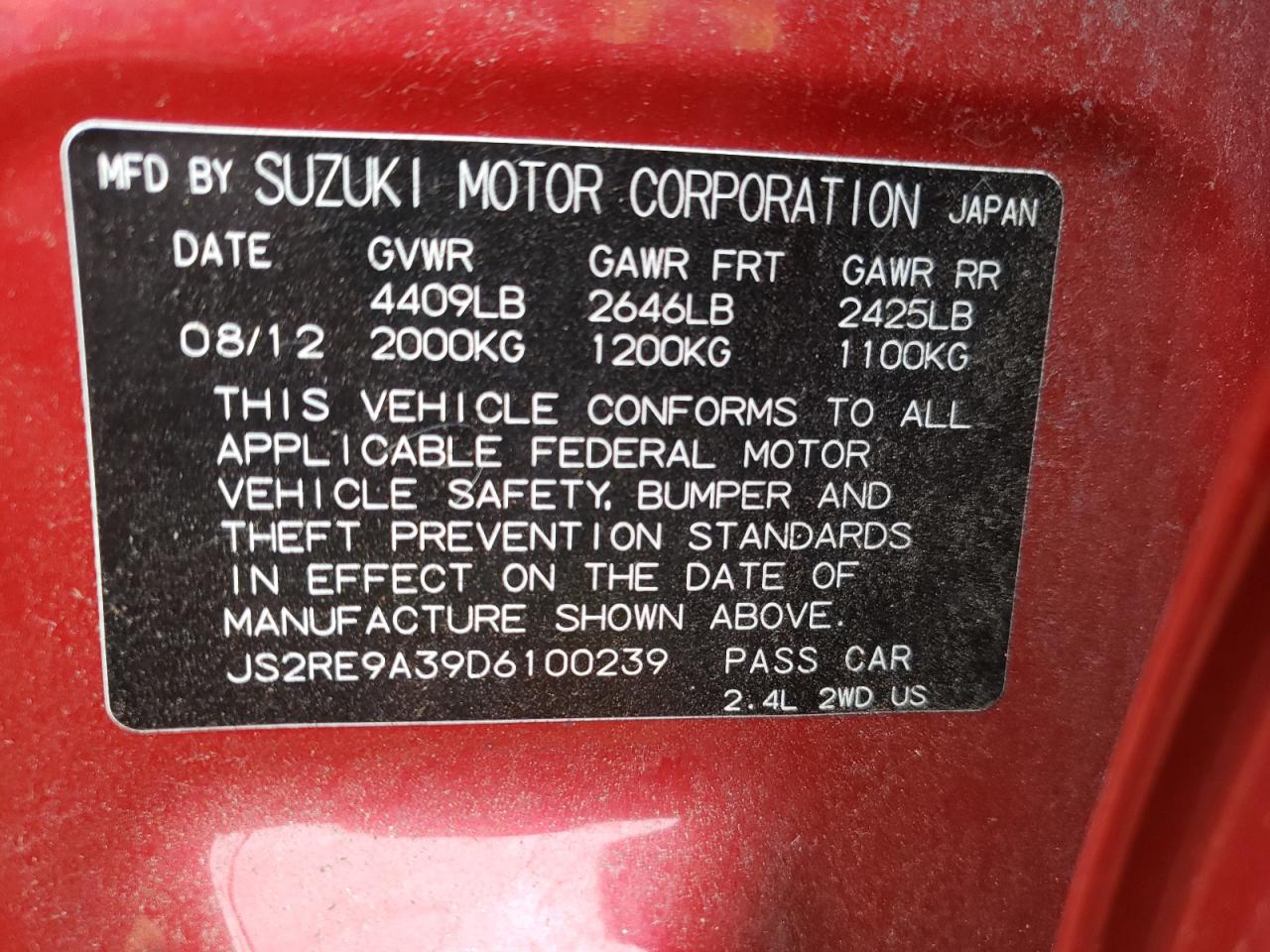 Photo 10 from auction – 2013 SUZUKI KIZASHI SE with VIN JS2RE9A39D6100239