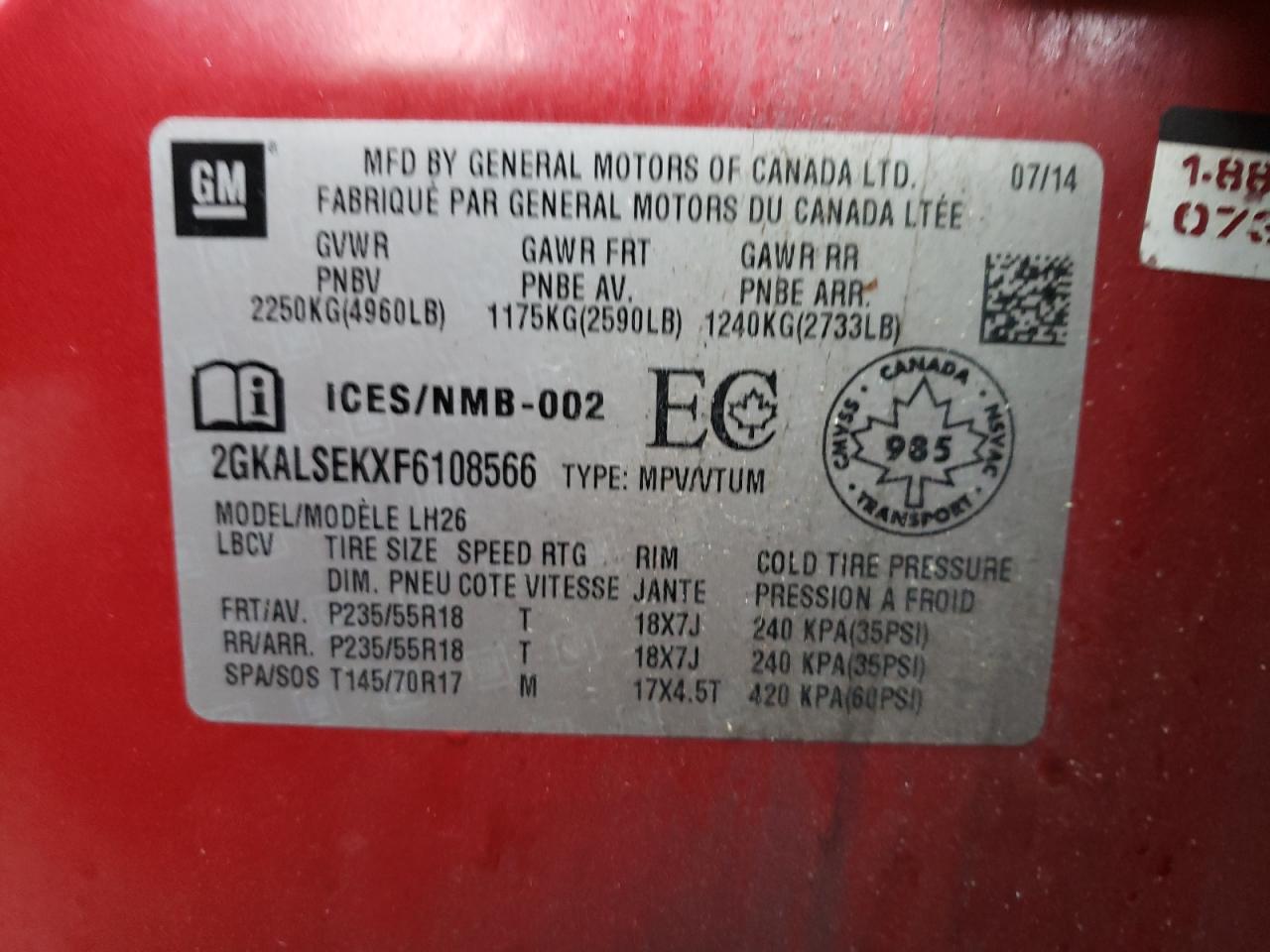 Photo 10 from auction – 2015 GMC TERRAIN SL with VIN 2GKALSEKXF6108566