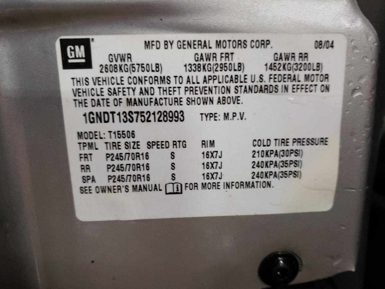 Photo 10 from auction – 2005 CHEVROLET TRAILBLAZE with VIN 1GNDT13S752128993