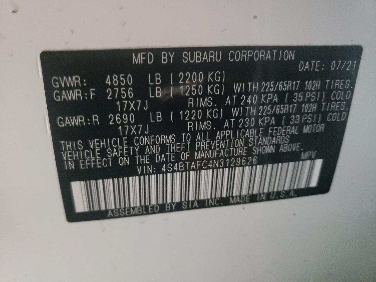 Photo 10 from auction – 2022 SUBARU OUTBACK PR with VIN 4S4BTAFC4N3129626