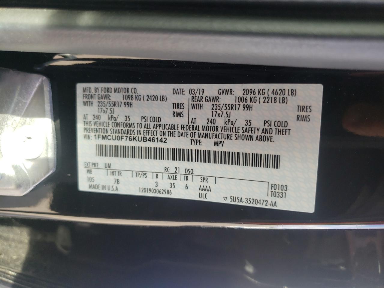 Photo 10 from auction – 2019 FORD ESCAPE S with VIN 1FMCU0F76KUB46142