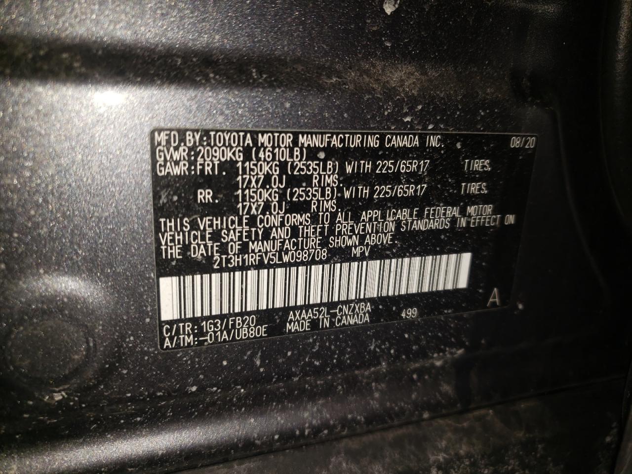 Photo 10 from auction – 2020 TOYOTA RAV4 LE with VIN 2T3H1RFV5LW098708