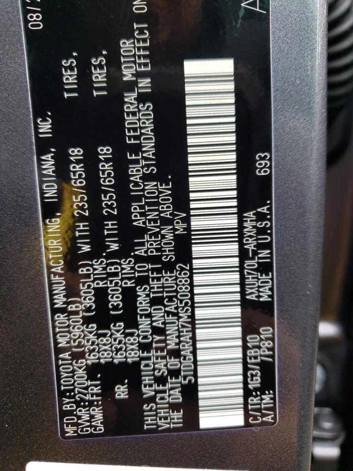 Photo 10 from auction – 2021 TOYOTA HIGHLANDER with VIN 5TDGARAH7MS508862