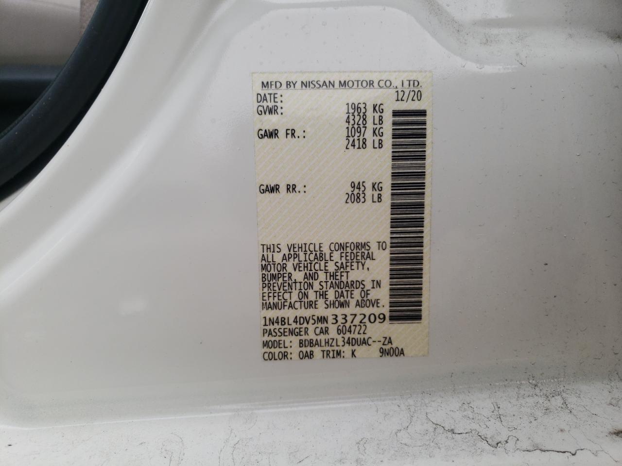 Photo 10 from auction – 2021 NISSAN ALTIMA SV with VIN 1N4BL4DV5MN337209