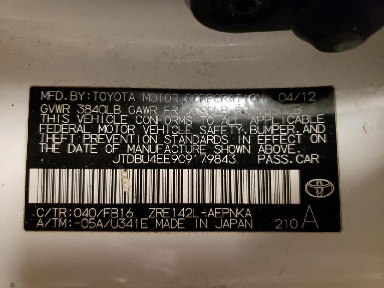 Photo 10 from auction – 2012 TOYOTA COROLLA BA with VIN JTDBU4EE9C9179843