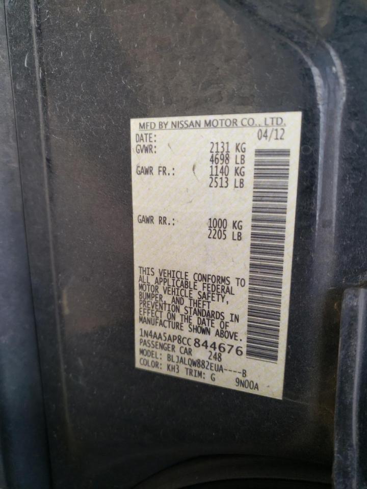 Photo 10 from auction – 2012 NISSAN MAXIMA S with VIN 1N4AA5AP8CC844676
