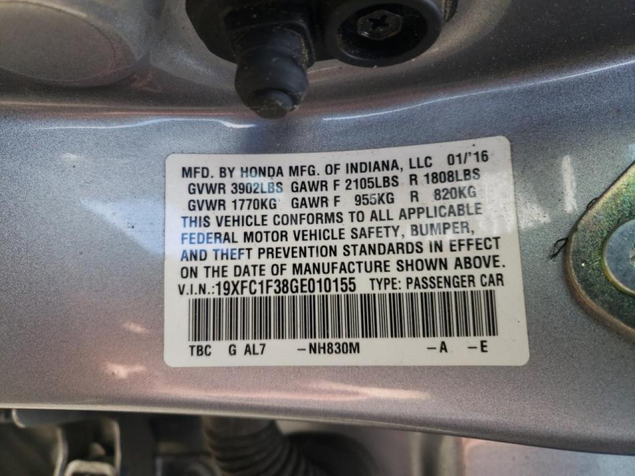 Photo 10 from auction – 2016 HONDA CIVIC EX with VIN 19XFC1F38GE010155