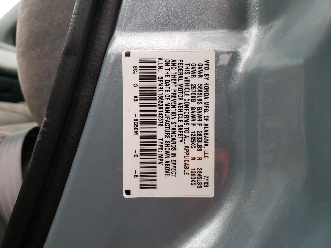 Photo 10 from auction – 2003 HONDA ODYSSEY EX with VIN 5FNRL18653B142878
