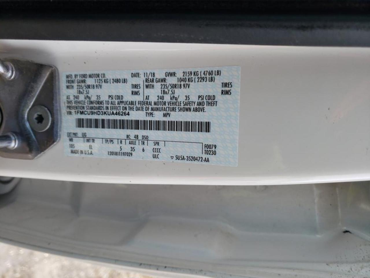 Photo 10 from auction – 2019 FORD ESCAPE SEL with VIN 1FMCU9HD3KUA46264