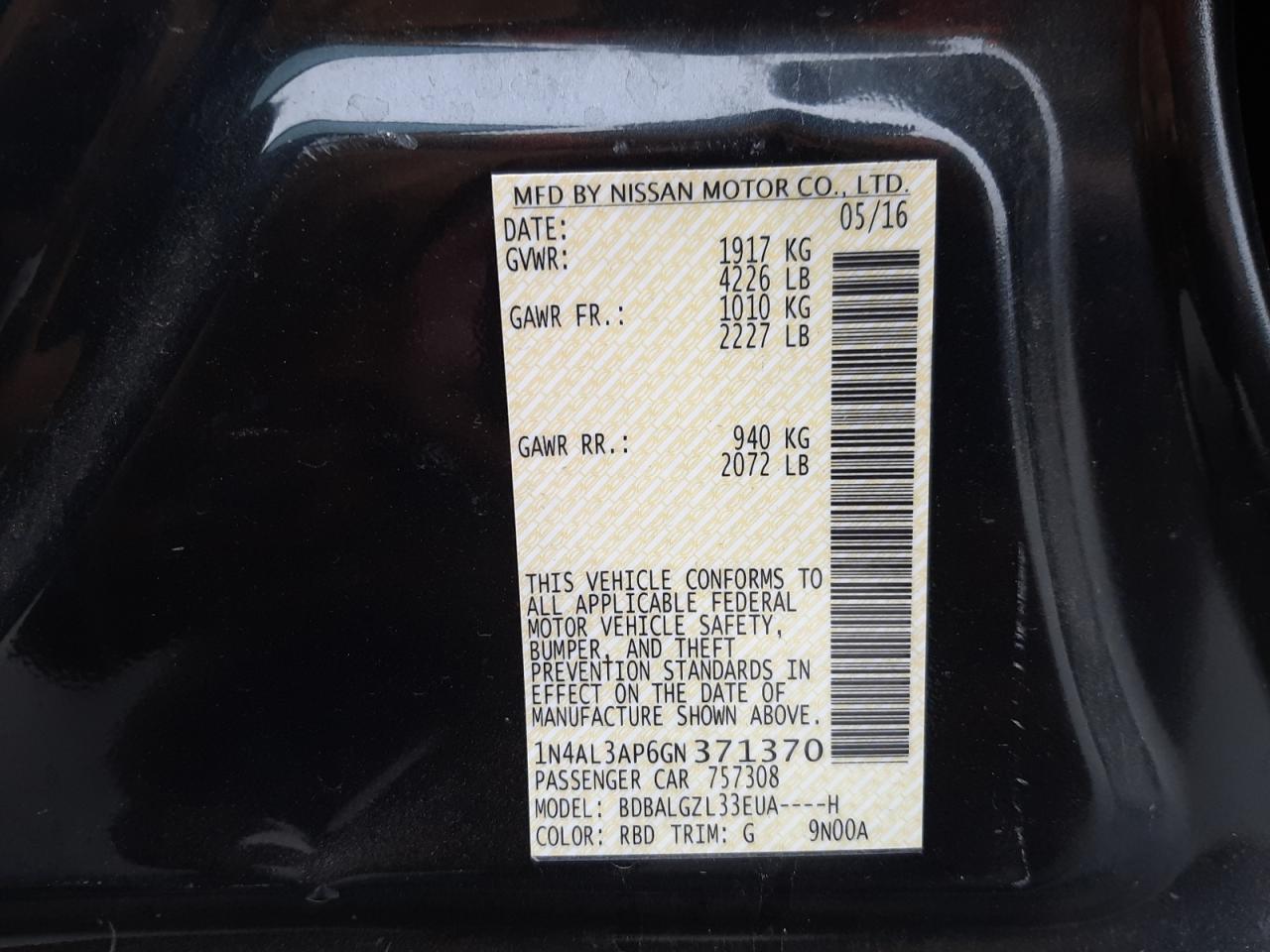 Photo 10 from auction – 2016 NISSAN ALTIMA 2.5 with VIN 1N4AL3AP6GN371370