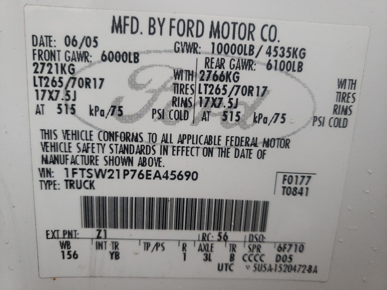 Photo 10 from auction – 2006 FORD F250 SUPER with VIN 1FTSW21P76EA45690