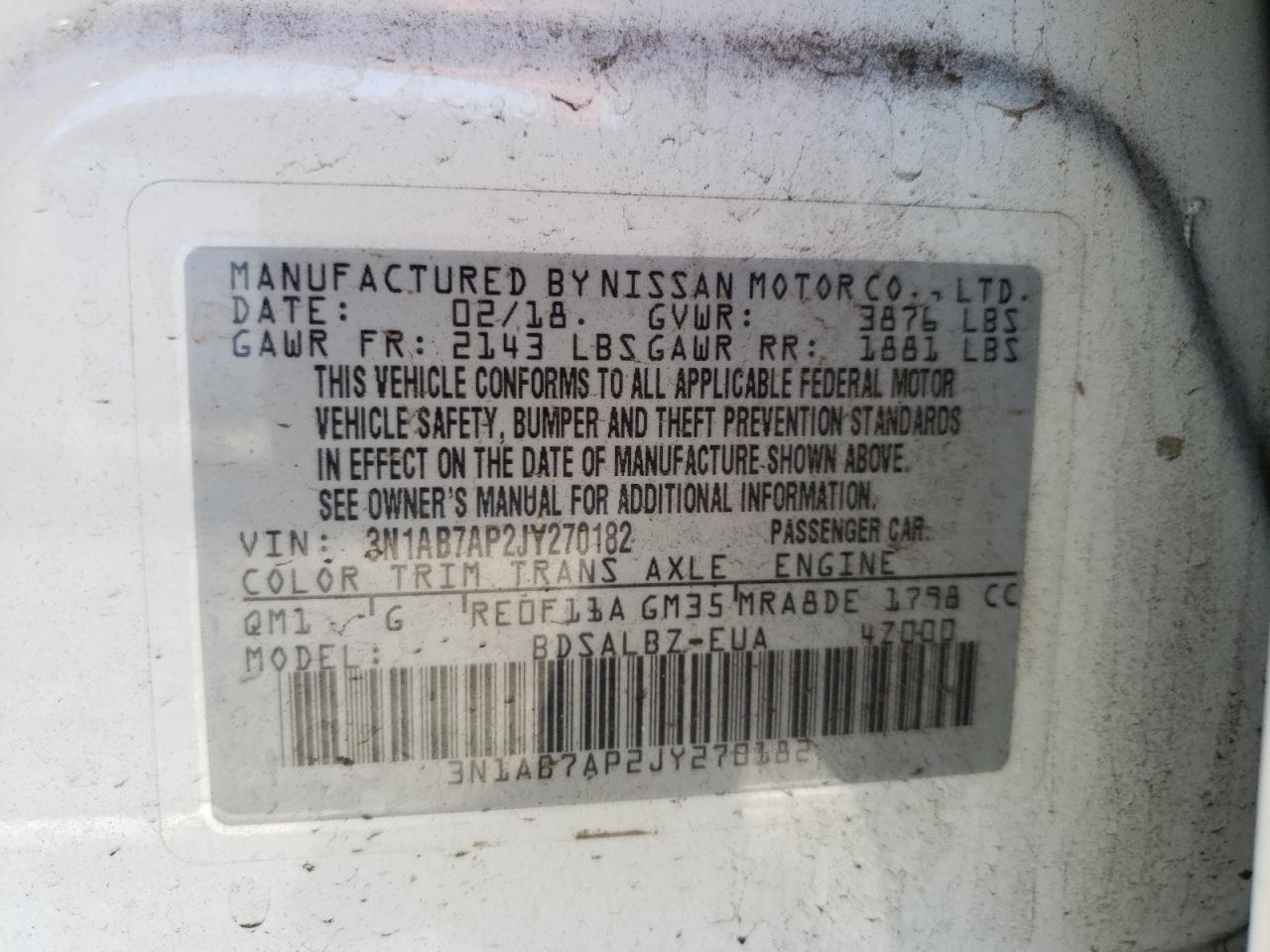Photo 10 from auction – 2018 NISSAN SENTRA S with VIN 3N1AB7AP2JY270182