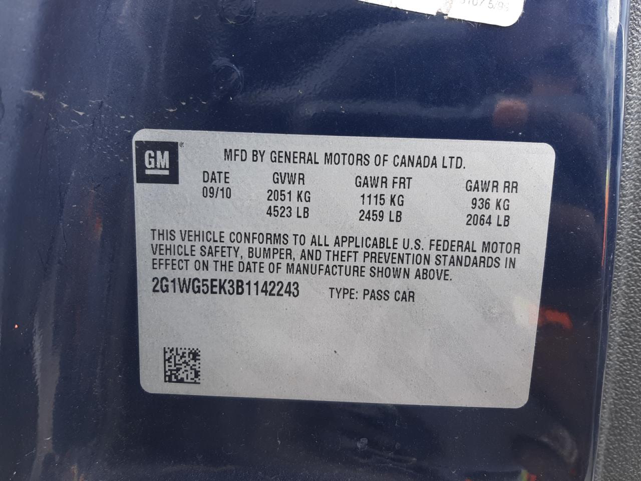 Photo 10 from auction – 2011 CHEVROLET IMPALA LT with VIN 2G1WG5EK3B1142243