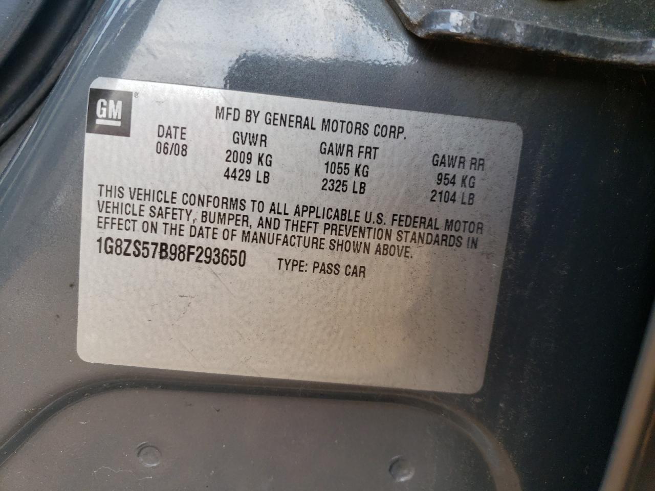 Photo 10 from auction – 2008 SATURN AURA XE with VIN 1G8ZS57B98F293650