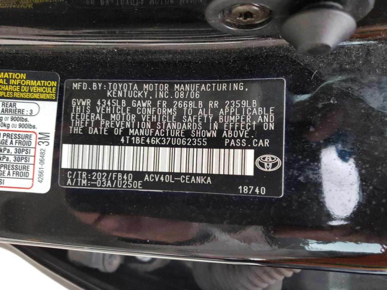 Photo 10 from auction – 2007 TOYOTA CAMRY CE with VIN 4T1BE46K37U062355