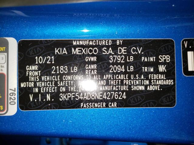 Photo 10 from auction – 2022 KIA FORTE EX with VIN 3KPF54AD8NE427624