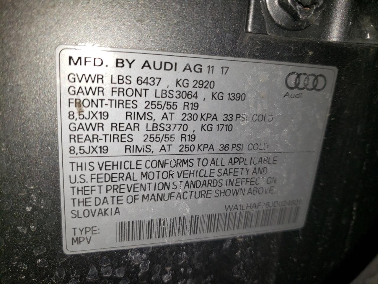 Photo 10 from auction – 2018 AUDI Q7 PREMIUM with VIN WA1LHAF76JD024601