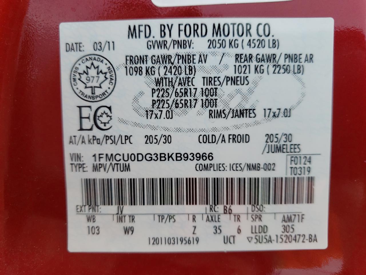 Photo 10 from auction – 2011 FORD ESCAPE XLT with VIN 1FMCU0DG3BKB93966