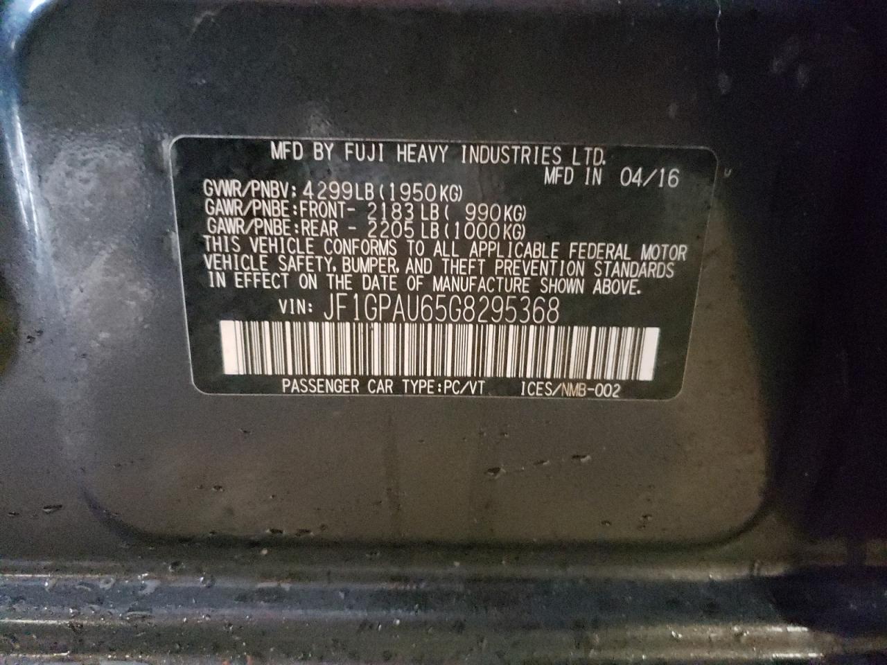 Photo 10 from auction – 2016 SUBARU IMPREZA SP with VIN JF1GPAU65G8295368