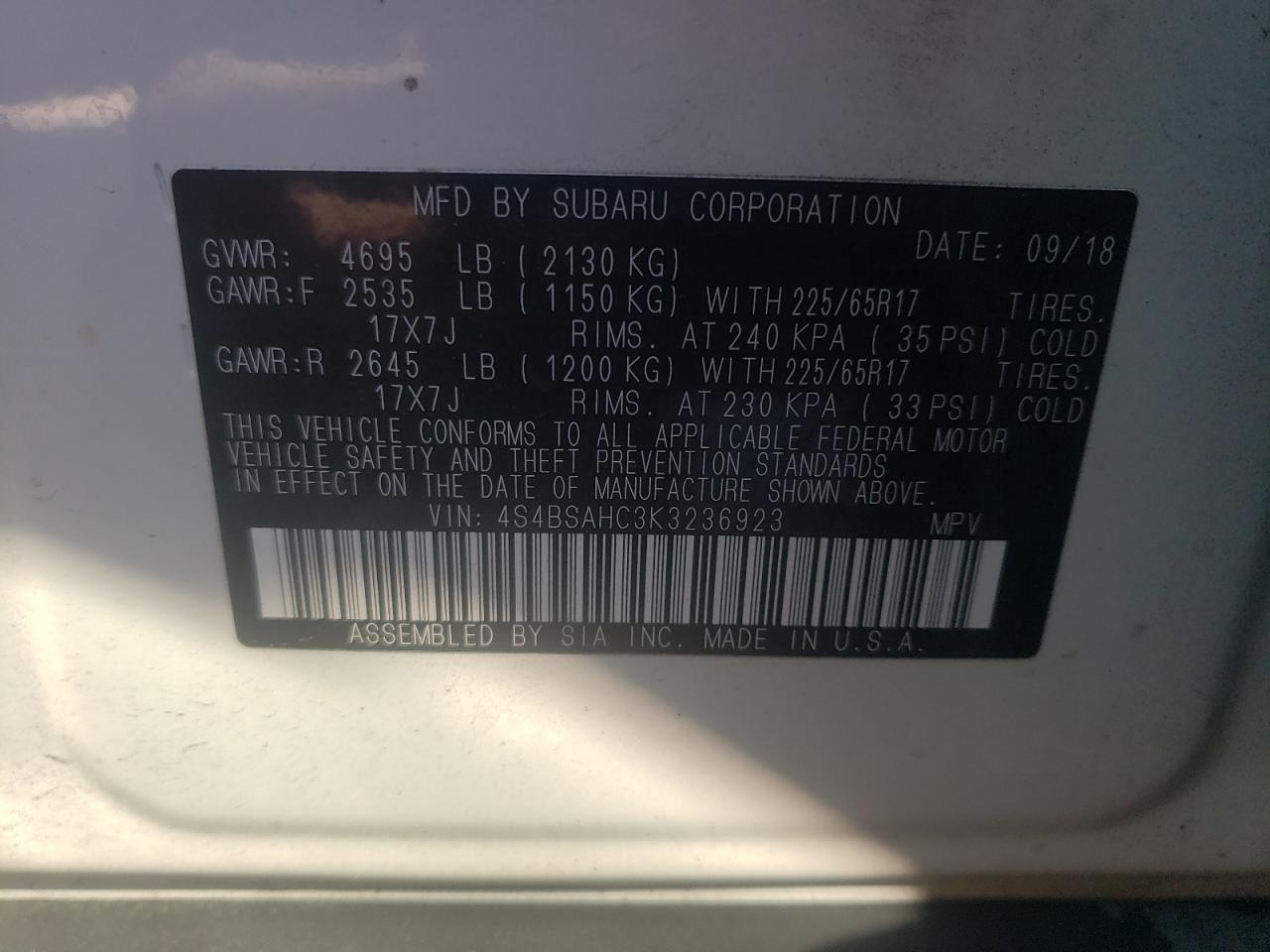 Photo 10 from auction – 2019 SUBARU OUTBACK 2. with VIN 4S4BSAHC3K3236923