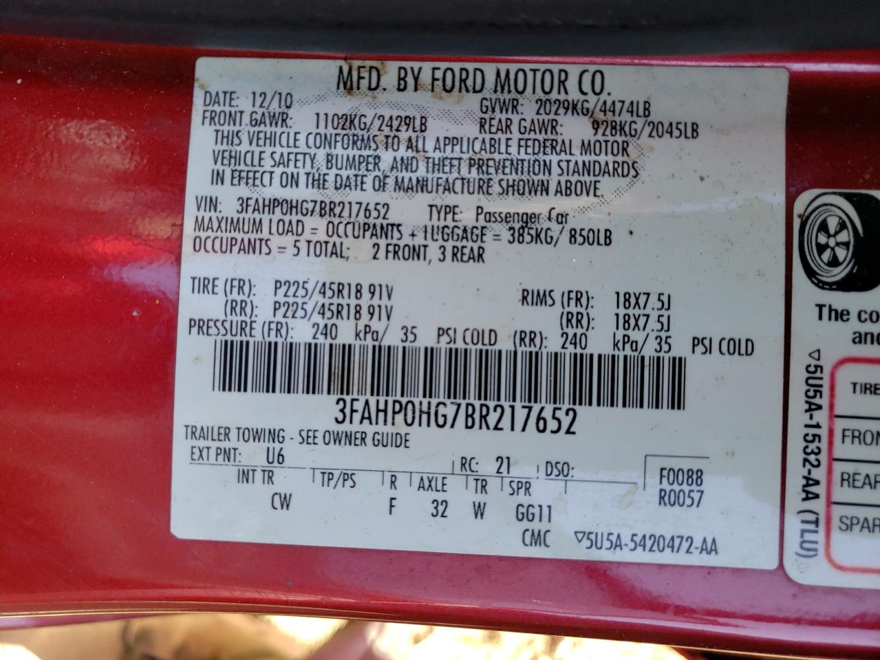 Photo 10 from auction – 2011 FORD FUSION SE with VIN 3FAHP0HG7BR217652